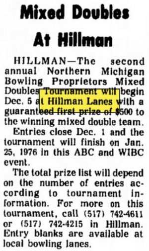 Hillman Lanes - Nov 26 1975 Article (newer photo)